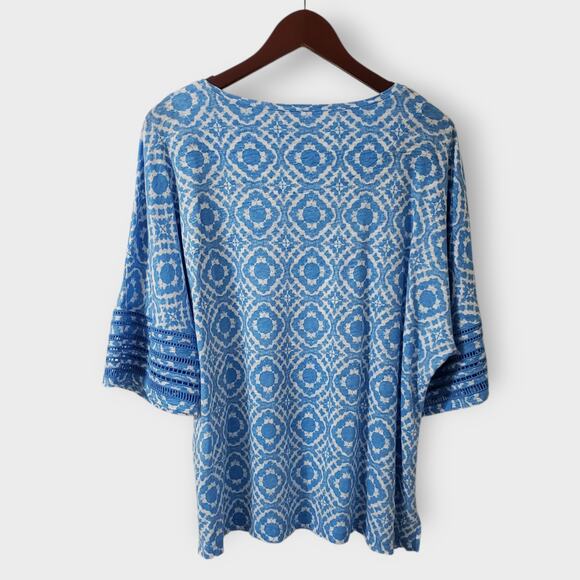 Chico's Blue Geo Print Linen Dolman Top Sz 3 (XL) Summer Coastal Beachy Casual - Picture 5 of 12